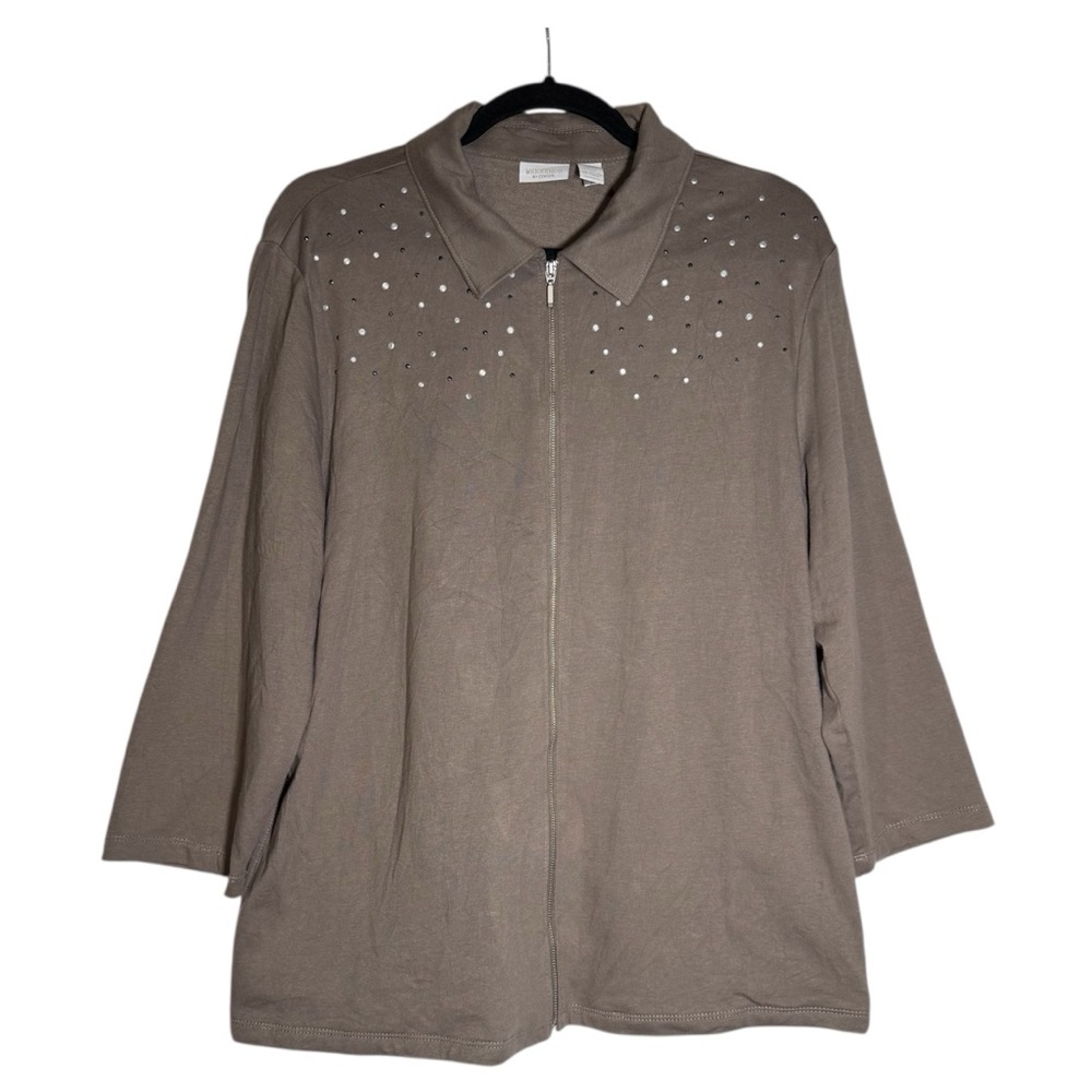 Chico’s WEEKENDS Zip Up Sweater Brown Embellished Size 3 / XL Collared
